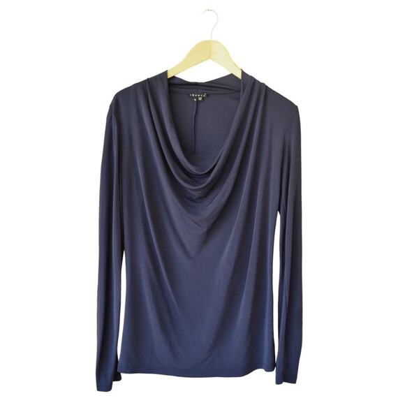 THEORY Navy Draped Jersey Long Sleeve Top - Picture 6 of 7